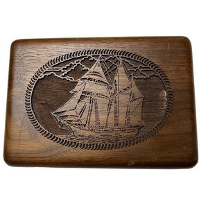 VTG Nautical Lasercraft Hinged Wood Box Box Sailing Clipper Ship 6”x4” Embossed